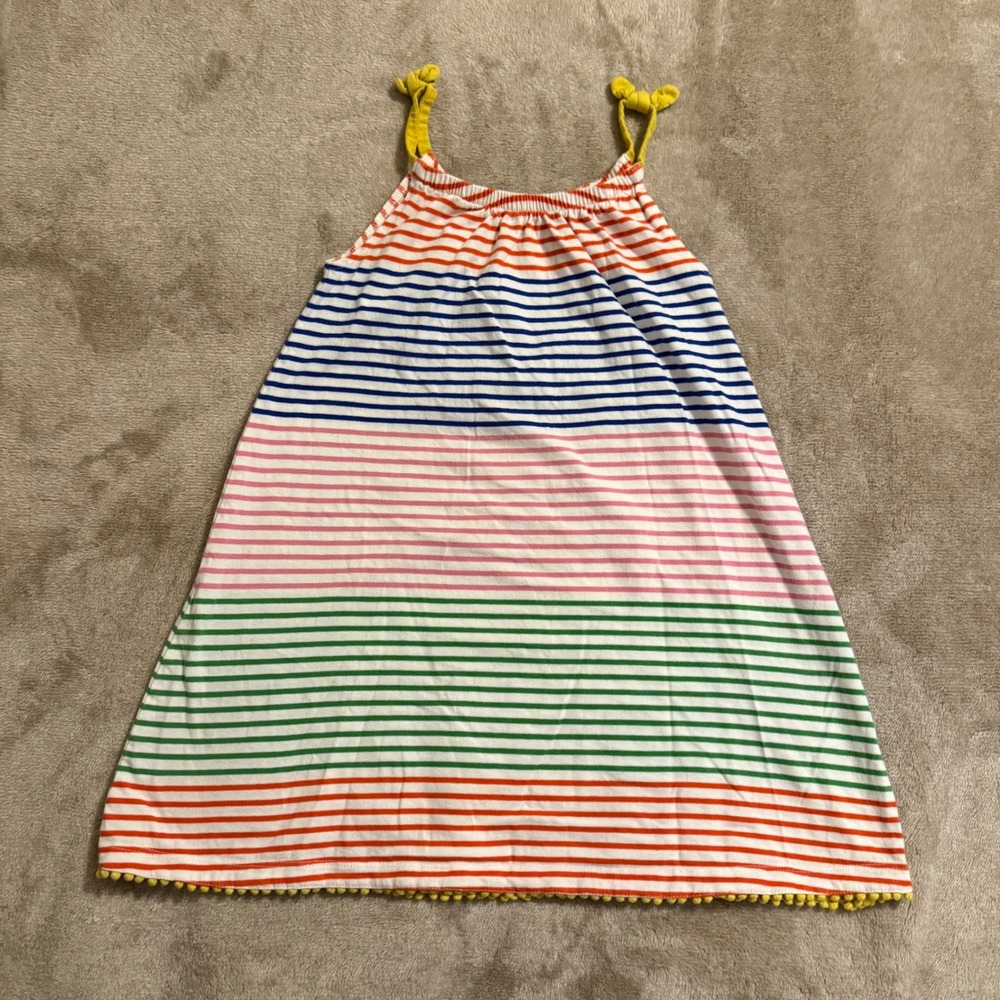 Mini Boden Girls Rainbow Striped Pom Pom Dress Size 5-6Y Multi Cotton